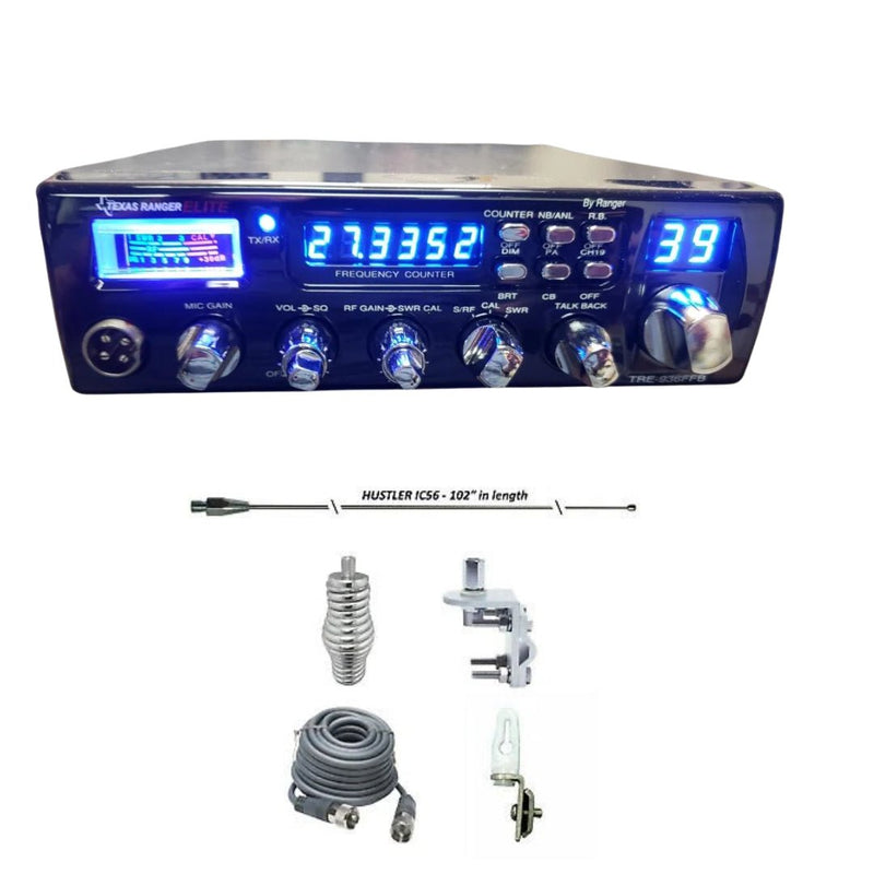 Texas Ranger TRE936FFB CB Radio, HUSTLER IC56 102" CB Radio Stainless Steel Whip Antenna & Installation Kit - 18' RG8X, Tie Down, Combo - CB Radio Supply