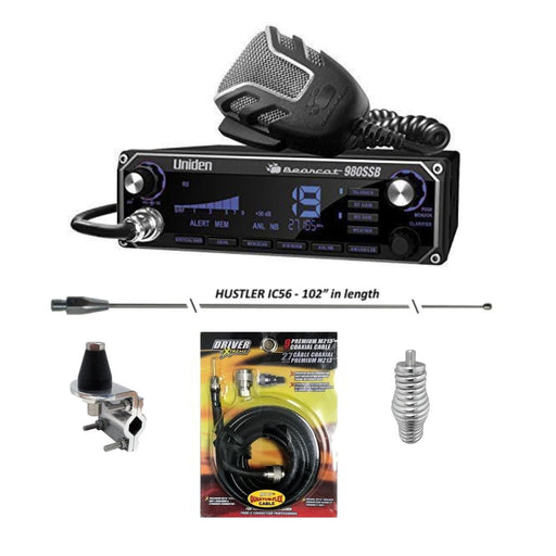 Uniden BC - 980 AM/SSB Bearcat CB Radio, Hustler IC56 102 Inch Whip, Antenna Mirror Mount, Barrel Spring, Coax Cable, Bundle - CB Radio Supply