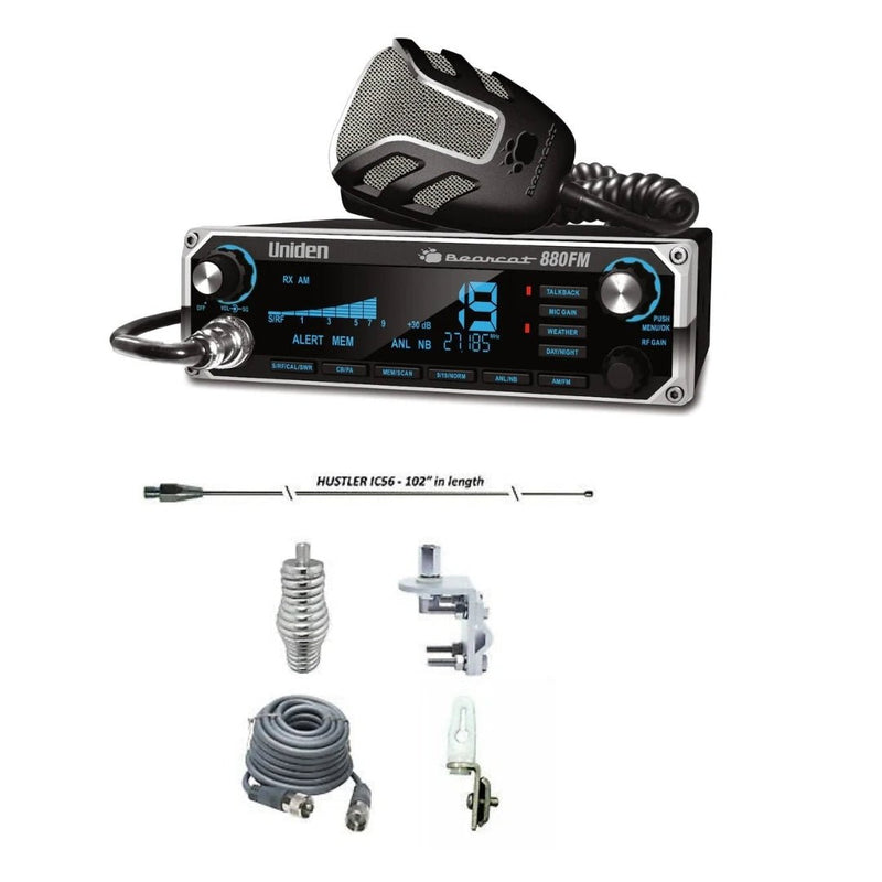 Uniden BEARCAT 880 CB Radio, HUSTLER IC56 102" CB Radio Stainless Steel Whip Antenna & Installation Kit - 18' RG8X, Tie Down, Combo - CB Radio Supply