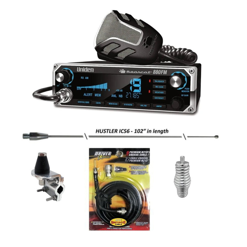 Uniden BEARCAT 880 CB Radio, Hustler IC56 102 Inch Whip, Antenna Mirror Mount, Barrel Spring, Coax Cable, Bundle - CB Radio Supply