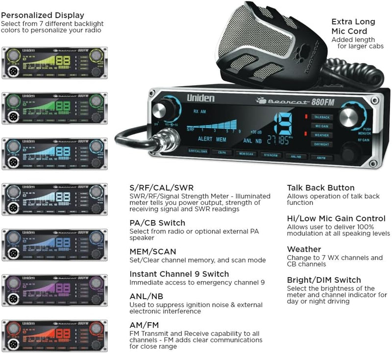 UNIDEN Bearcat 880 FM CB Radio, Virginia CB Antenna, 3 inch External Speaker Combo - CB Radio Supply