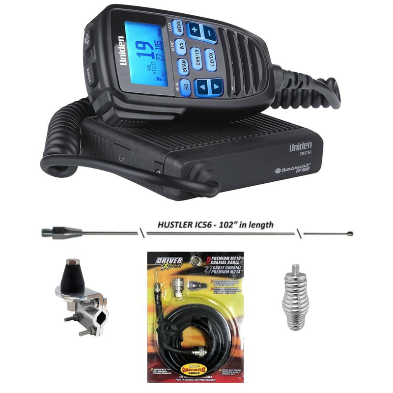 Uniden Off - Road CMX760 CB Radio, Hustler IC56 102 Inch Whip, Antenna Mirror Mount, Barrel Spring, Coax Cable, Bundle - CB Radio Supply
