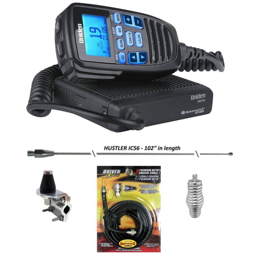 Uniden Off - Road CMX760 CB Radio, Hustler IC56 102 Inch Whip, Antenna Mirror Mount, Barrel Spring, Coax Cable, Bundle - CB Radio Supply