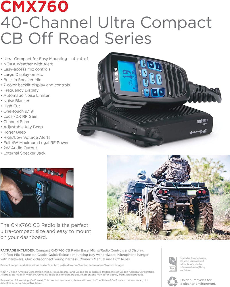 Uniden Off - Road CMX760 CB Radio, Virginia CB Antenna, 3 inch External Speaker Combo - CB Radio Supply
