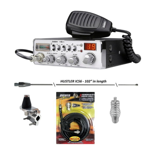 Uniden PC68LTX CB Radio, Hustler IC56 102 Inch Whip, Antenna Mirror Mount, Barrel Spring, Coax Cable, Bundle - CB Radio Supply