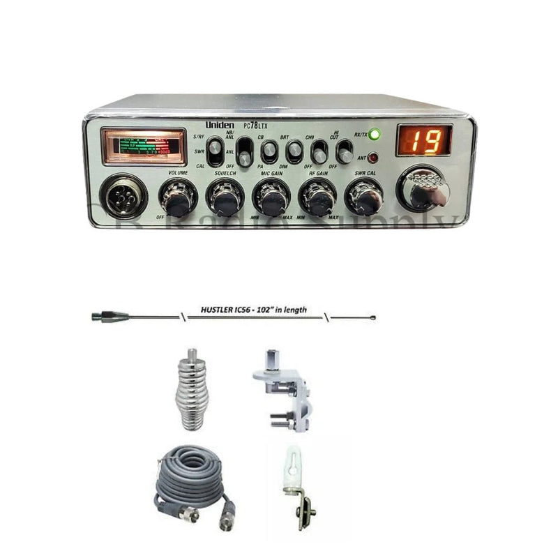 Uniden PC78LTX CB Radio, HUSTLER IC56 102" CB Radio Stainless Steel Whip Antenna & Installation Kit - 18' RG8X, Tie Down, Combo - CB Radio Supply