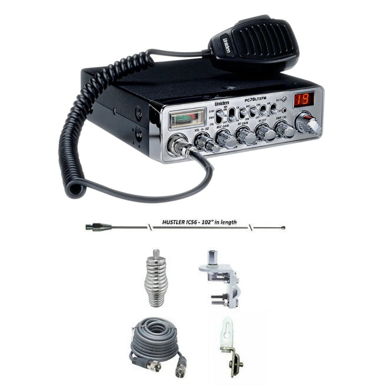 Uniden PC78LTX FM CB Radio, HUSTLER IC56 102" CB Radio Stainless Steel Whip Antenna & Installation Kit - 18' RG8X, Tie Down, Combo - CB Radio Supply