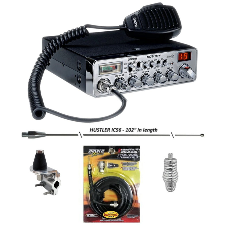 Uniden PC78LTX FM CB Radio, Hustler IC56 102 Inch Whip, Antenna Mirror Mount, Barrel Spring, Coax Cable, Bundle - CB Radio Supply