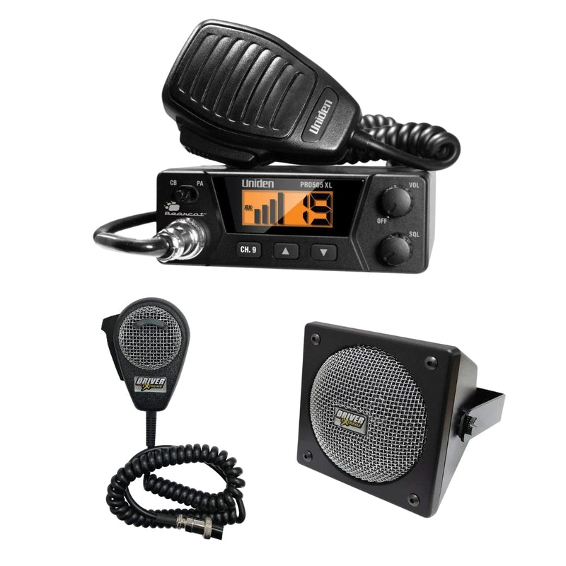 Uniden Pro 505 XL CB Radio, DRX - 9010 External Speaker, DRX - 6560 4 Pin Noise Cancelling Dynamic Microphone, Combo - CB Radio Supply