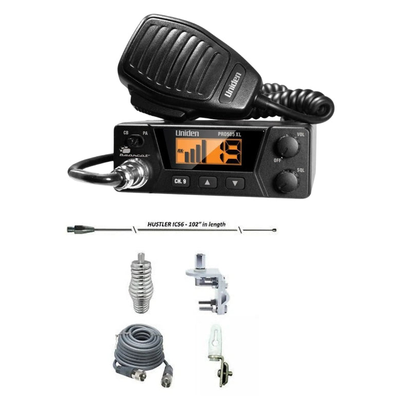Uniden Pro 505 XL CB Radio, HUSTLER IC56 102" CB Radio Stainless Steel Whip Antenna & Installation Kit - 18' RG8X, Tie Down, Combo - CB Radio Supply