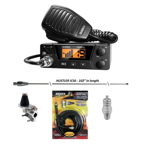 Uniden Pro 505 XL CB Radio, Hustler IC56 102 Inch Whip, Antenna Mirror Mount, Barrel Spring, Coax Cable, Bundle - CB Radio Supply