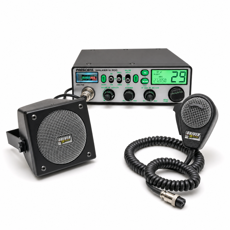 President Walker IV FCC CB Radio with DRX-9010 external speaker and DRX-6560 noise-cancelling microphone combo