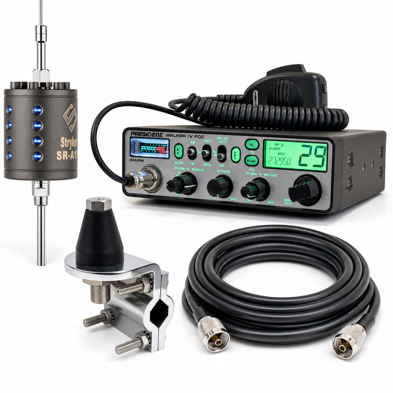 President Walker IV FCC CB Radio with Stryker SR-A10 antenna, DRX-3402 heavy-duty mirror mount, and DRX-1518 18-foot premium coax cable combo
