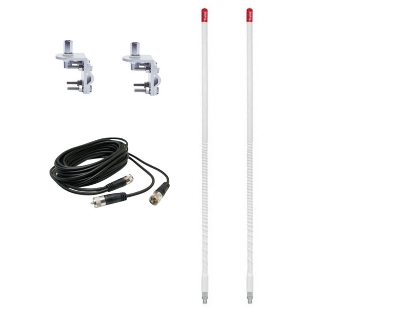 CB Antenna Kit - Firestik KW-2 White Dual Antenna RG59U Cophase Coax & Brackets Combo - CB Radio Supply