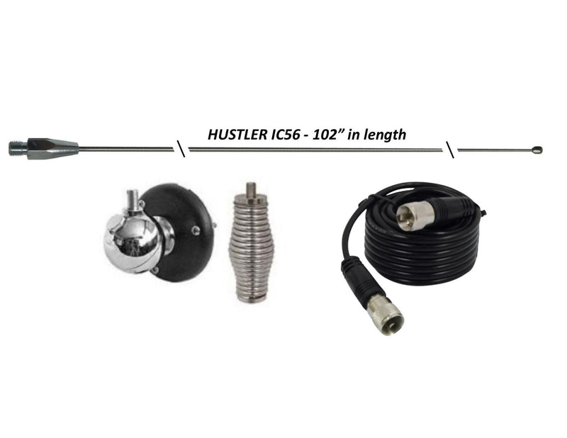 CB Antenna Kit - HUSTLER IC56 102" CB Radio Stainless Steel Whip Antenna & Installation Kit - 18' RG58, Ball Mount - CB Radio Supply