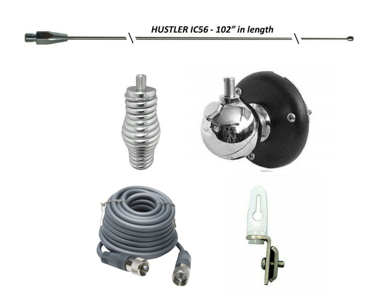 CB Antenna Kit - HUSTLER IC56 102" CB Radio Stainless Steel Whip Antenna & Installation Kit - 18' RG8X + More - CB Radio Supply