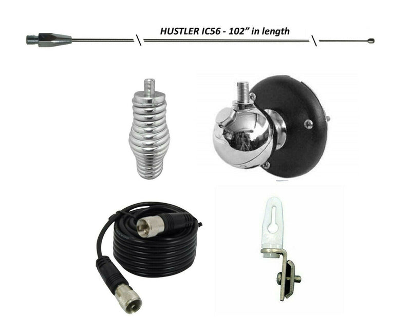CB Antenna Kit - HUSTLER IC56 102" CB Radio Stainless Steel Whip Antenna & Installation Kit - 9' RG58 + More - CB Radio Supply