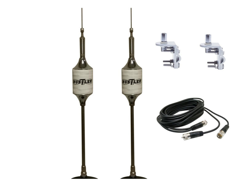 CB Antenna Kit - Hustler SCB-S White Dual Antenna RG59U Cophase Coax & Brackets Combo - CB Radio Supply