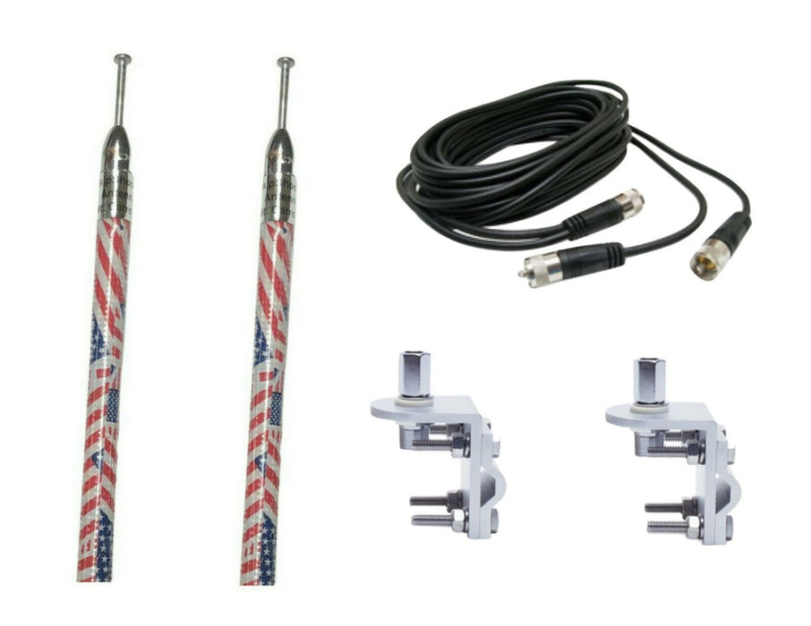 CB Antenna Kit - Skipshooter 3' USA Flag Dual Antenna RG59U Cophase Coax & Brackets Combo - CB Radio Supply