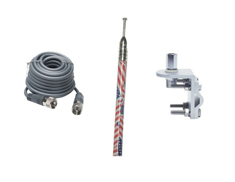CB Antenna Kit - Skipshooter 5' USA Flag Single Antenna RG8X Coax & Bracket Combo - CB Radio Supply