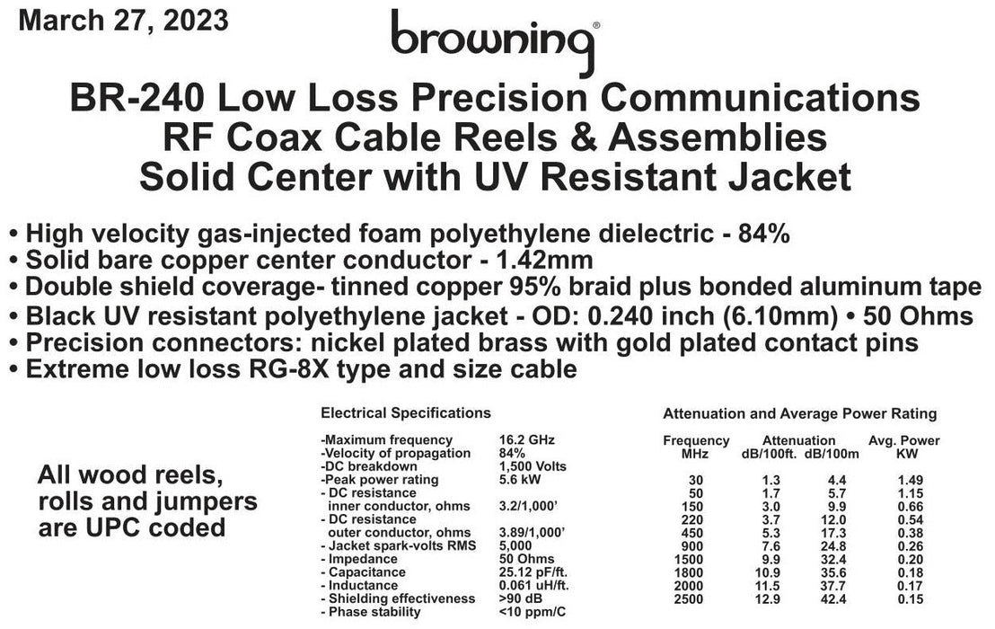CB Radio Coax Cable - Tram Browning BR 240 LMR240 Type 200ft Ham Radio Base Coax Cable - CB Radio Supply