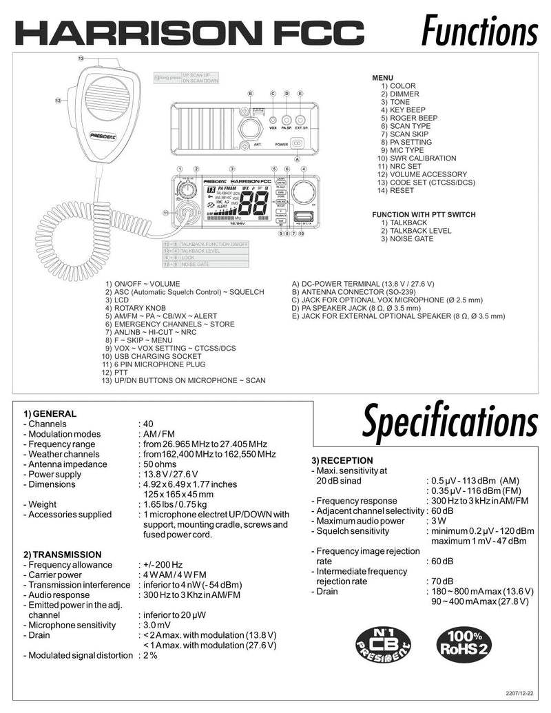 President CB Radio - FCC President Harrison 40 Channel AM/FM CB Radio - CB Radio Supply