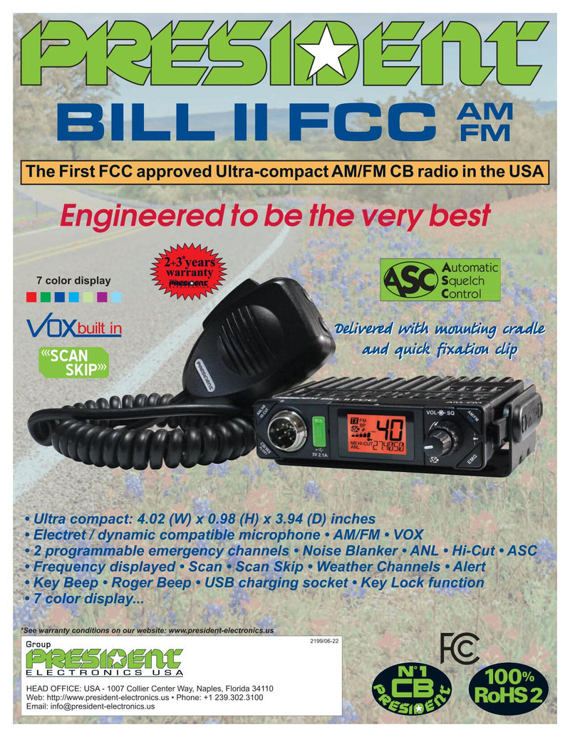 President CB Radio -PRESIDENT BILL II FCC AM/FM Compact CB Radio - CB Radio Supply