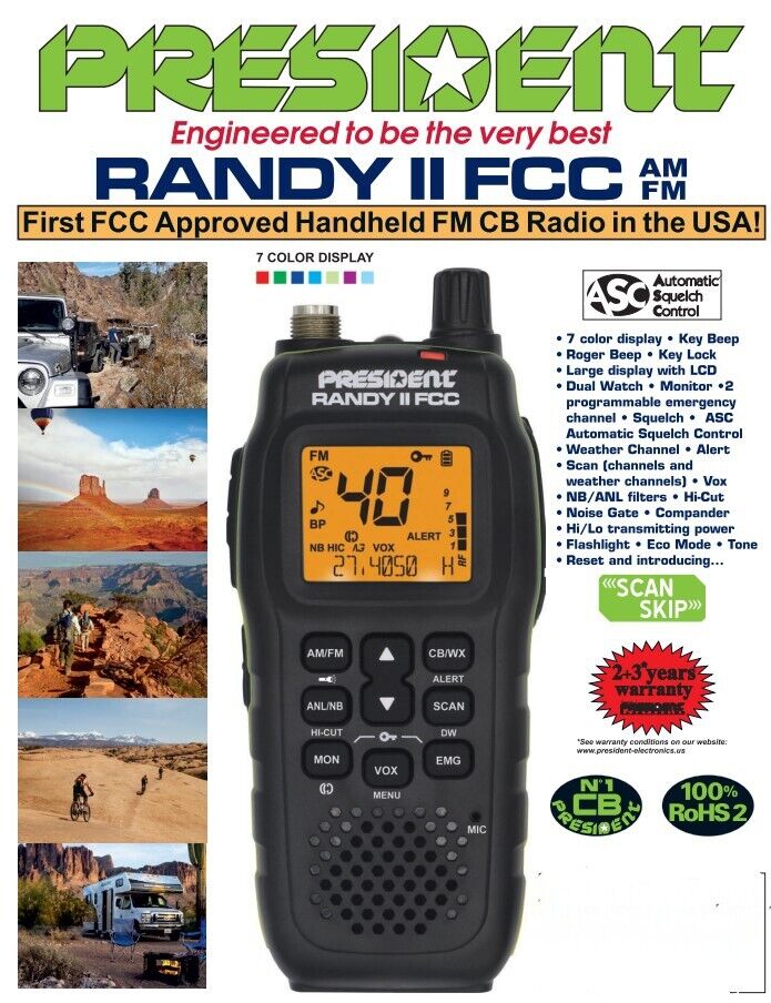 President Handheld CB Radio - President Randy II 40 Channel Handheld w/Weather & FM - CB Radio Supply